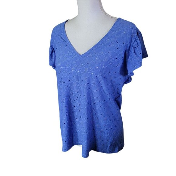 Michael Kors Eyelet Lace Ruffle Short Sleeve Blue Womens Large V Neck Floral - Picture 1 of 8